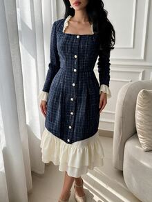 NOVVYNE 女款方領粗花呢中長洋裝，長袖荷葉邊飾鈕扣前襟秋季洋裝，優雅婚禮賓客與萬聖節日常穿搭 - 彩色 - 查看 5