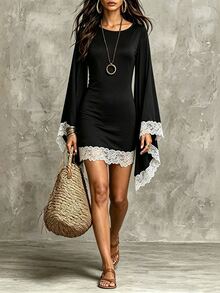 Selianne Women's Elegant Knitted Long Sleeve Bell Sleeve Lace Decor Dress - Black - View 6