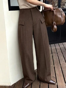DAZY 秋冬高腰咖啡色翻蓋口袋設計寬鬆寬腿工裝休閒街頭風女款長褲 - 咖啡棕 - 查看 8