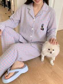 DAZY 2件組格紋刺繡圖案開襟針織衫長袖上衣直筒長款睡褲女款睡衣套裝 - 粉色 - 查看 6