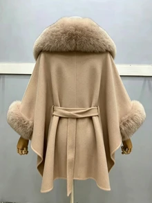 SHEIN Franclia Mantel Wol Wanita Lengan Panjang Cokelat Baru yang Melangsingkan Pinggang - Coklat - View 2