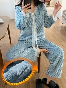 DAZY Women's Comfortable Lace Patchwork Long Sleeve Top And Soft Knit Long Pants Pajama Set - Blue - View 4