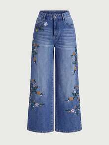 GlowEve Women's Casual Daily Denim Jeans With Pocket, Button And Floral Embroidery Pattern - Blue - View 3