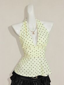 SHEIN ICON 掛脖深V領收腰A字露背波點背心上衣 - 淡黃色 - 查看 3