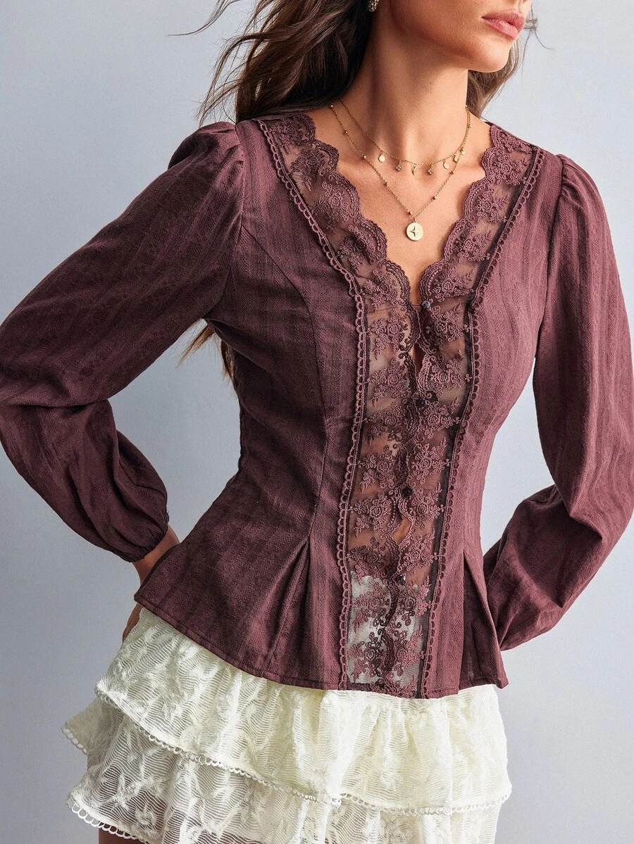 Willow Rêve Women's Brown Jacquard Woven Fabric Contrast Lace Trim Puff Long Sleeve Blouse - Brown - View 1