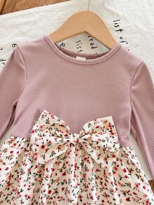 Emery Rose Kids Emery Rose Kids 女童小女孩可愛拼接洋裝，復古棕色羅紋上衣配蝴蝶結與碎花裙，長袖公主裙，適合春夏秋季 - 粉色 - 查看 7