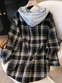 EMERY ROSE Versatile Premium Cotton Linen Plaid Patchwork Contrast Color Knit Hooded Plus Size Women's Shirt - Multicolor - View 2