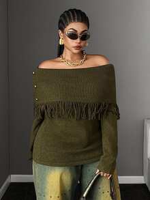 Maweii Plus Size Women's Off-Shoulder Lapel Collar Tassel Rivet Decor Cinched Cinched Waist Fashion Long Sleeve Sweater - Army Green - View 6