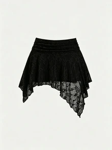 Sweetra Women's New Fashion Versatile Asymmetric Slanted Hem Design Lace Pleated Low Waist Asymmetrical Skirt - Black - View 1