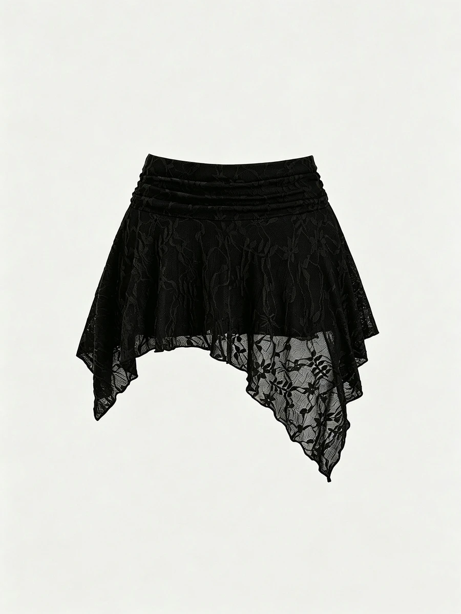 Sweetra Women's New Fashion Versatile Asymmetric Slanted Hem Design Lace Pleated Low Waist Asymmetrical Skirt - Black - View 1