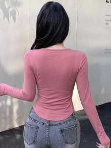 DAZY 女款粉色純色長袖T恤，休閒街頭風戶外上衣，適用婚禮與運動，甜美風格 - 粉色 - 查看 2