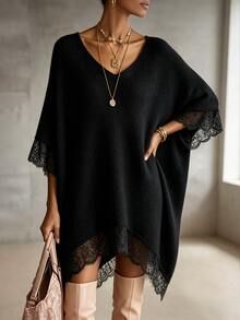 Women's Lace Patchwork Asymmetrical Hem Sweater Dress - Black - View 3