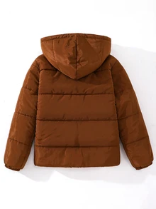 SHEIN Teen Boy Teen Boy Casual, Basic Brown Hooded Winter Coats, Perfect For Staying Warm During The Fall/Winter Back-To-School Season. - Brown - View 4
