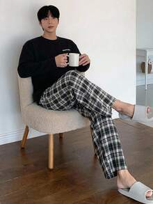 DAZY Spring/Autumn Letter Print T-Shirt & Plaid Pants Men's Loungewear Set - Black - View 1