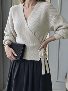 SHEIN PariChic Women's Solid Color Long Sleeve Side Knot Casual Knit Cardigan - Apricot - View 4