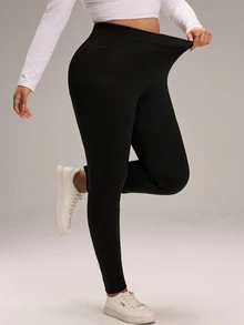 EMERY ROSE Plus Size Women's Solid Color High Waist Casual Versatile Leggings - Black - View 4