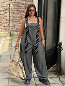SHEIN CURVE+ Plus Size Khaki Striped Adjustable Strap Loose Wide Leg Cargo Overalls, Y2K, Utility Style, Casual Everyday, Comfortable - Multicolor - View 7