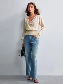 Willow Rêve Women's Blue V-Neck Patchwork Embroidered Trim Loose Sweater - Apricot - View 3