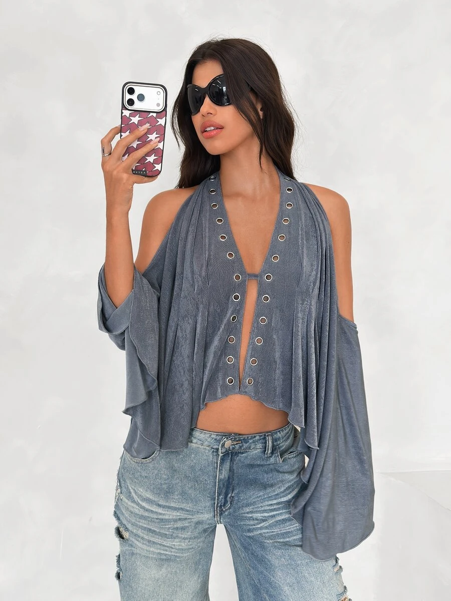 BAD SUNDAY Women's Sexy Cold Shoulder Backless Knit Blouse With Metal Eyelets, Versatile Streetwear Style For Autumn/Winter - Grey - View 1