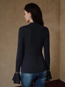 Anewsta Women's New Small Stand Collar Bell Sleeve Rhinestone Embellished Elegant Versatile Long Sleeve Base Layer Top - Royal Blue - View 7
