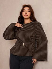 Elaquor Plus Size Fashion Commuter Striped Waist-Cinching Blouse Fall - Brown - View 5