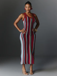 NYA SZN Women's Fashion Casual Striped Colorblock Slim Fit Spaghetti Strap Dress - Multicolor - View 3