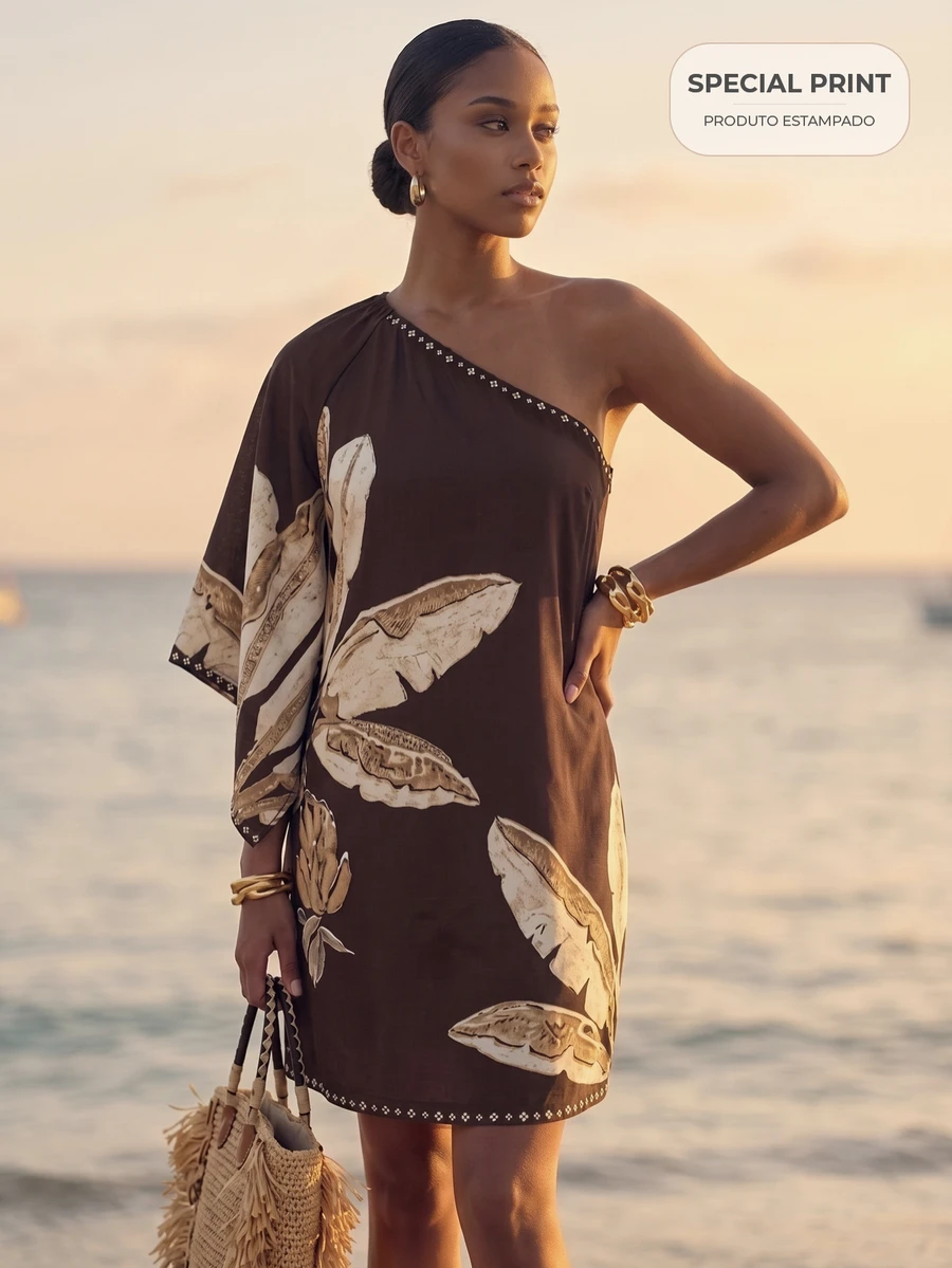 CAJUNI Chic Vacation Golden Palm Embroidery Bat One-Sleeve Mini Dress - Coffee Brown - View 1