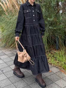 FRIFUL Women's Pleated Casual Daily Summer Denim Dress - Black - View 4
