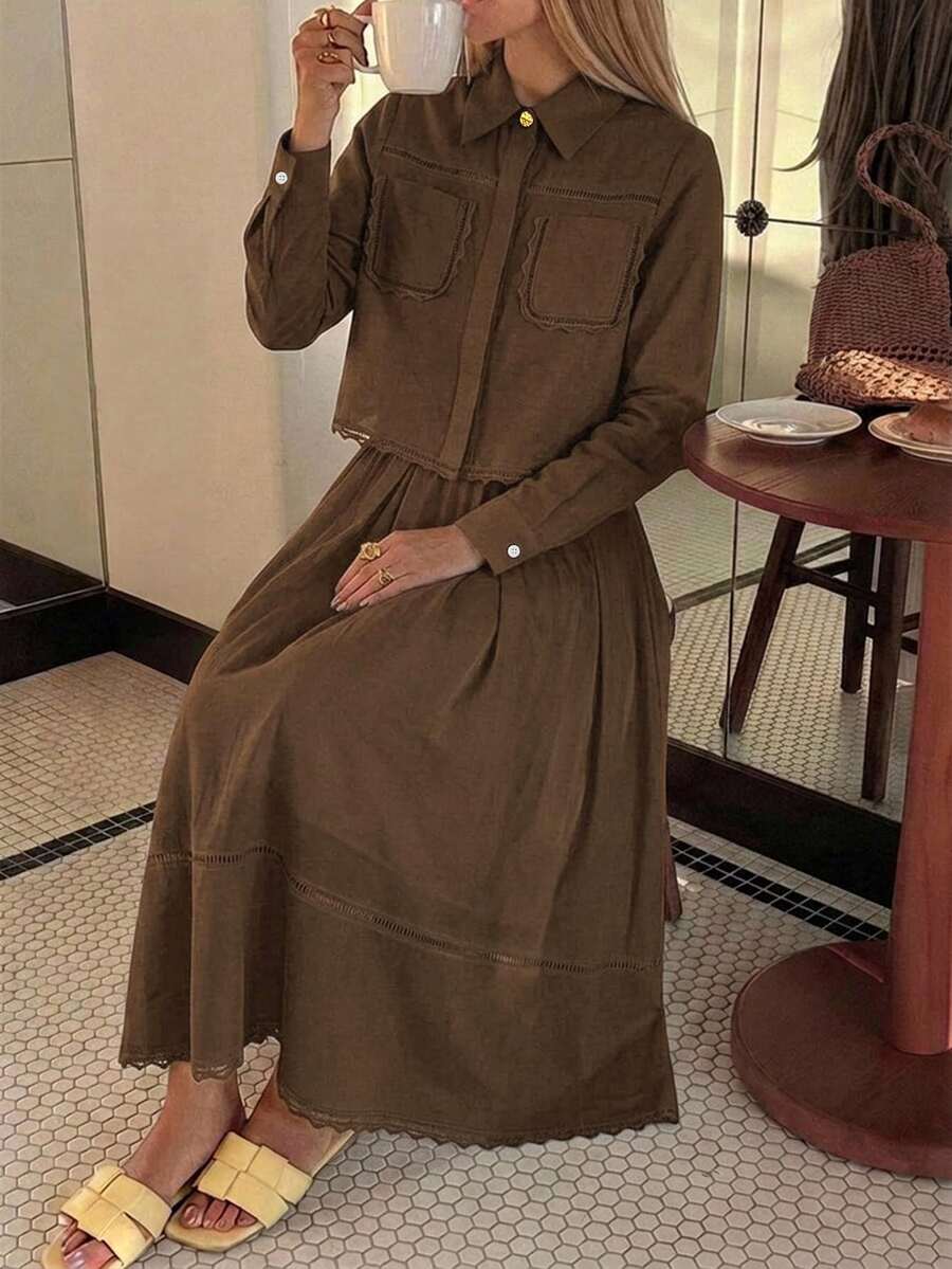 DAZY 春夏女款優雅蕾絲拼接口袋襯衫與裙子兩件套 - 棕色 - 查看 1