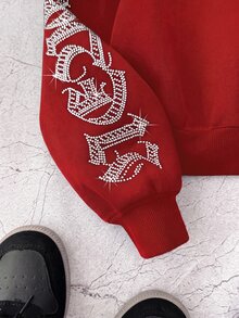 SHEIN 青少年女孩哥德風字母水鑽裝飾短版拉鍊連帽衛衣，秋冬長袖上衣，畢業穿搭，開學穿搭 - 紅色 - 查看 4