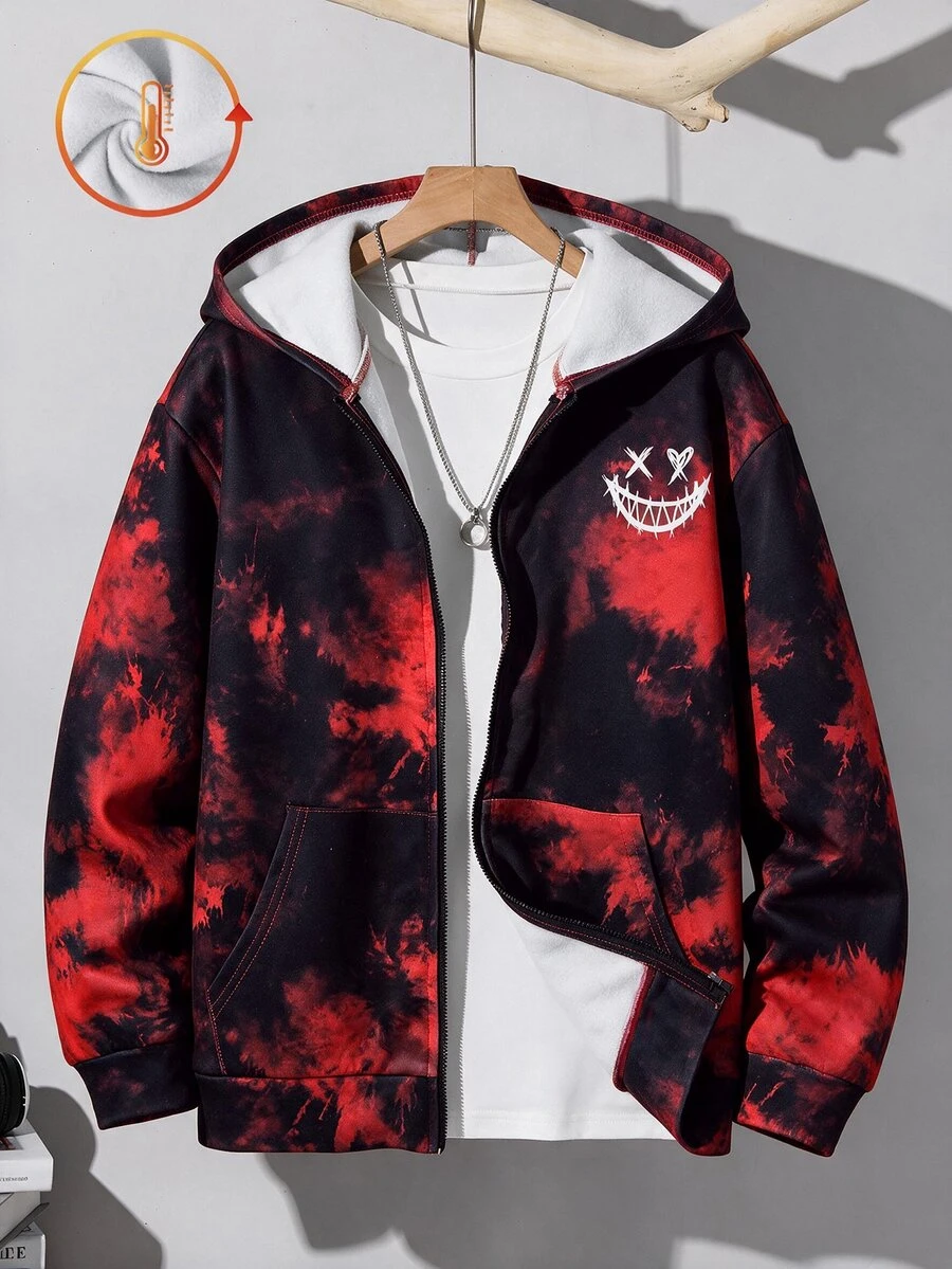 SHEIN 男士時尚休閒百搭街頭風黑紅紮染印花連帽長袖開襟運動衫外套 - 彩色 - 查看 1
