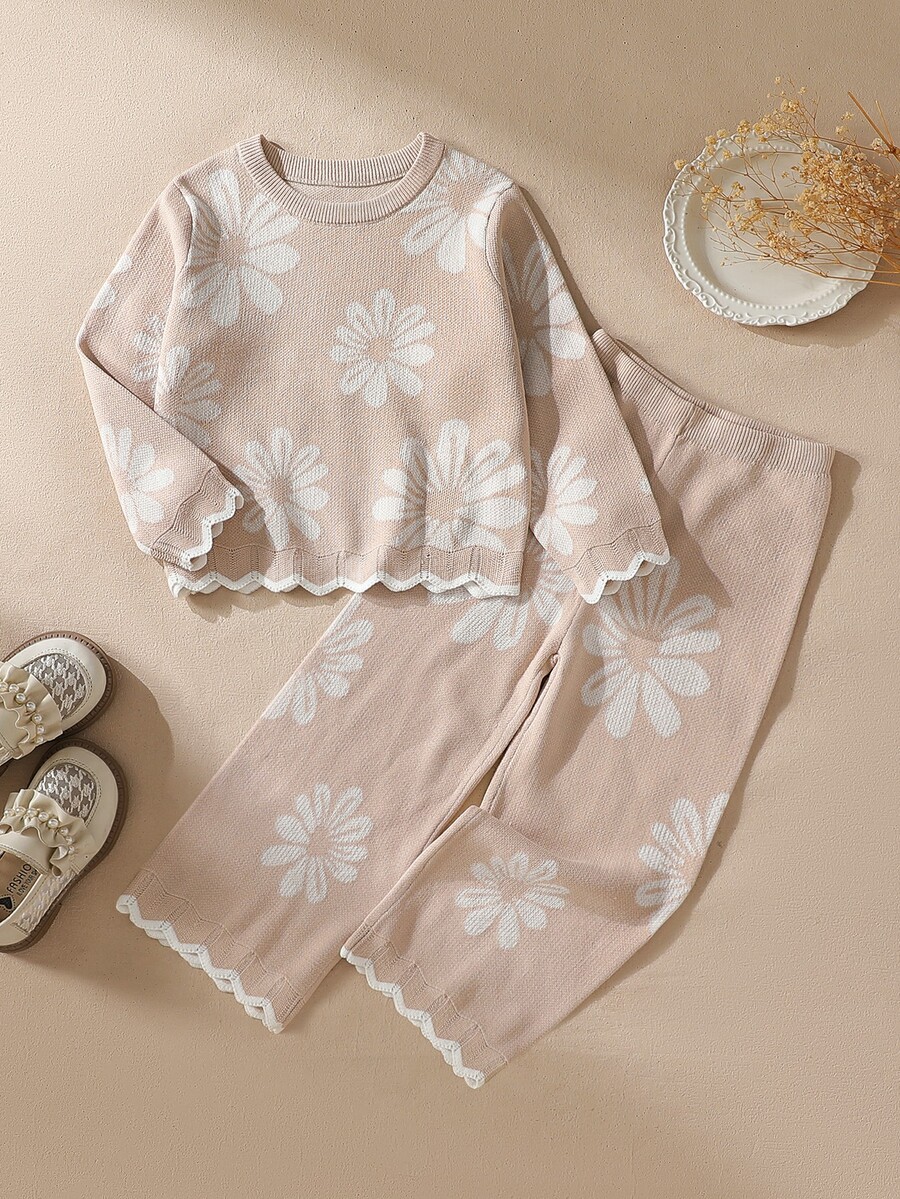 Souflis Cute Floral Crew Neck Knit Top & Knitted Pants Set For Young Girl - Multicolor - View 1