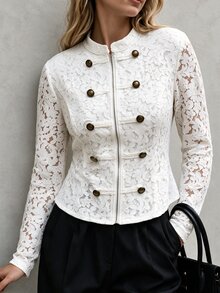 Velvienne Women's Plus Size Elegant Blouse With Patchwork And Frog Button Design, Suitable For Outings, Gatherings And Parties - White - View 3
