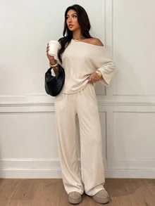 Siren Gaze Women's Casual One-Shoulder Short Sleeve T-Shirt And Straight Leg Pants Two Pieces Set, Pants Set, Autumn Clothing, Suitable For Daily Commute, Gathering, Summer, Christmas, New Year, Thanksgiving, Party, Wedding, Beach, Outing, Date, Valentine's Day, Elegant, Vacation, Y2K - Apricot - View 4