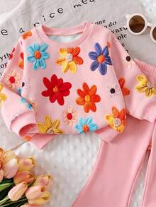 SHEIN Playful Pals 1套女嬰休閒時尚可愛甜美3D仿刺繡花卉 - 彩色 - 查看 4