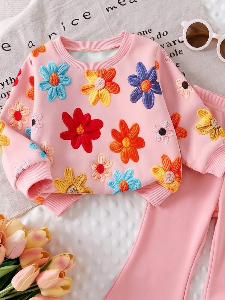 SHEIN Playful Pals 1 Set Baby Girl Casual Fashion Cute Sweet 3D Faux Embroidery Floral - Multicolor - View 4