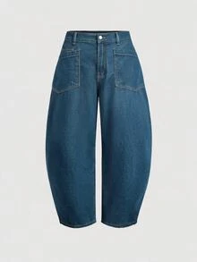 EMERY ROSE Plus Size Street Style Button Pocket Denim Cropped Pants - Blue - View 8