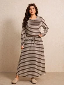 Elaquor Plus Size Minimalist Striped Colorblock Long Sleeve Top And Drawstring Waist Long Skirt 2 Pieces Set - Multicolor - View 4
