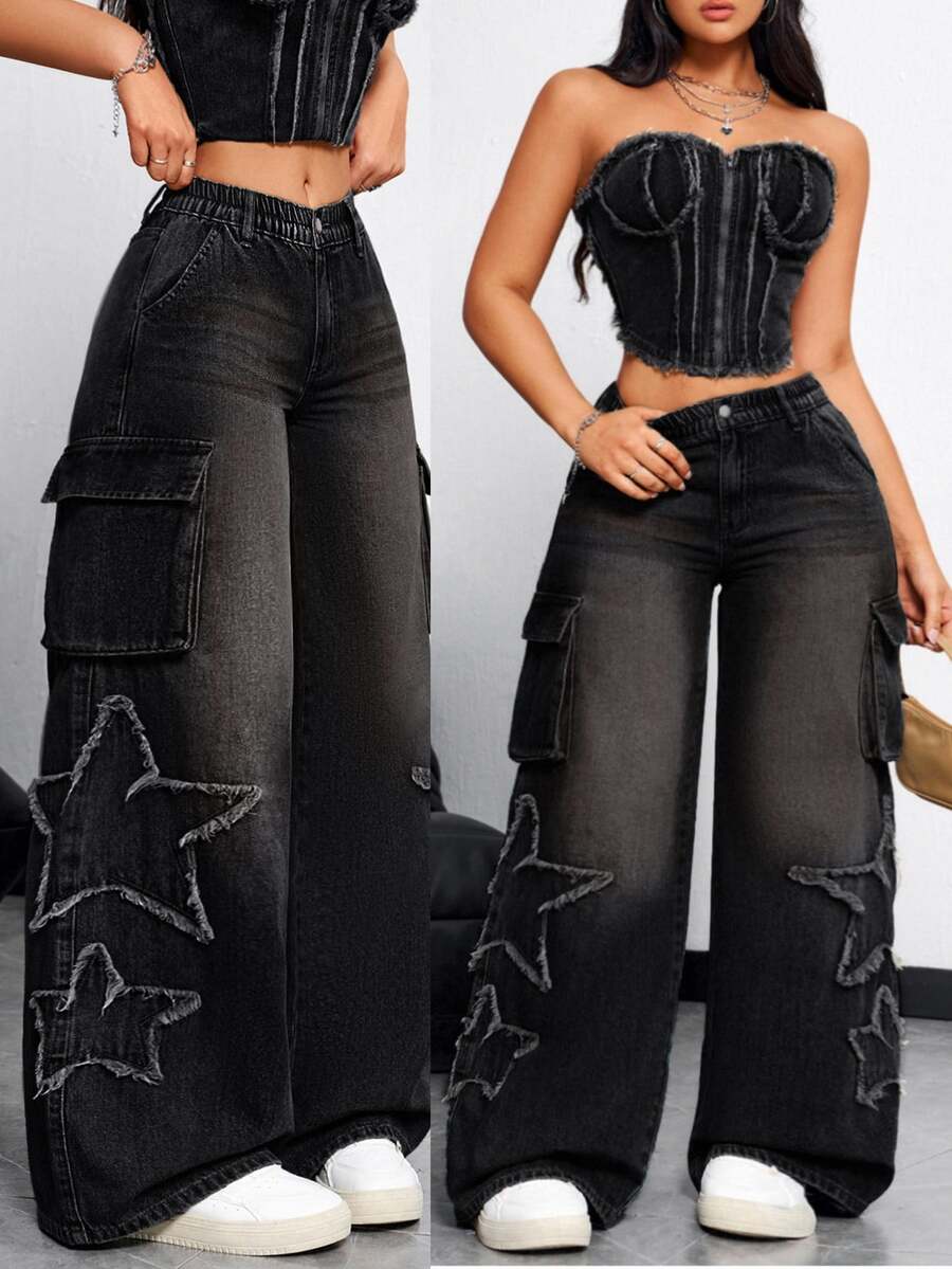 SHEIN Tall CURVE Plus Size Fashion Button Pocket Applique Embroidery Denim Jeans - Black - View 1