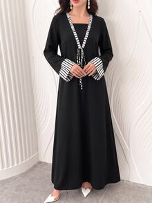 Al Najma Spring/Autumn Casual 2 Pieces Striped Patchwork Tie-Waist Long Sleeve Loose Slimming Elegant Women's Long Robe Dress For Daily Wear - Black - View 3