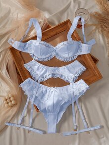 Crystal Vow 4pcs White Lace Patchwork Sexy Lingerie Set - Baby Blue - View 1