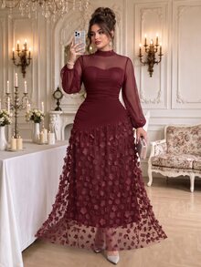 Roveilla Plus Size 2027 New Party Style New Year Christmas Valentine's Day 3D Floral Long Dress - Burgundy - View 4
