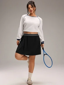 EMERY ROSE Plus Size Minimalist Casual Striped Colorblock Pleated Mini Skirt - Multicolor - View 7
