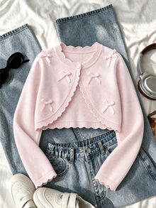 SHEIN Tween Girl Sweet Bow Decor Button Knit Cardigan - Pink - View 1