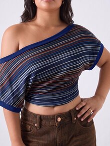 LYSMO Plus Size Women's Striped Asymmetrical Shoulder Batwing Short Sleeve Cropped Casual T-Shirt - Navy Blue - View 7