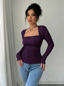Elenzga 女款白色長袖T恤，開衩袖口、抓皺腰部與U領設計 - 紫色 - 查看 5