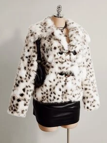 SHEIN ICON Plus Size Women's Leopard Print Casual Versatile Faux Fur Coat - Black and White - View 4