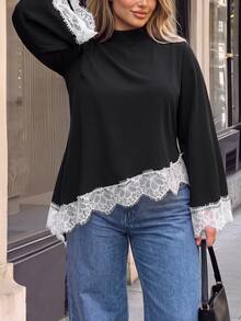 Vionelle Plus Size High Neck Loose Casual Shirt - Black - View 4