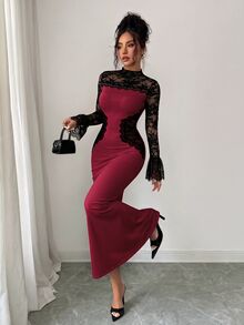 Modelyn 優雅高端女士風蕾絲拼接鏤空撞色長袖修身顯瘦女款正式長洋裝 - 彩色 - 查看 8