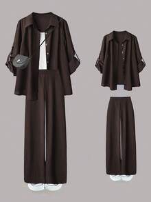 SHEIN LUNE 大尺碼女款休閒兩件套，純色捲袖單排扣休閒通勤襯衫搭配高腰寬鬆寬腿長褲 - 咖啡棕 - 查看 1